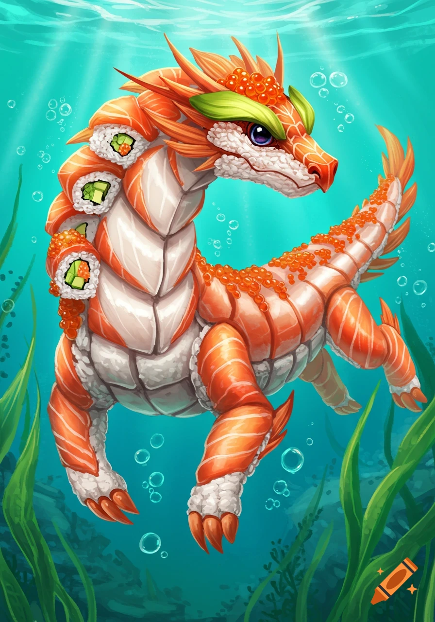 A vibrant, illustrated sushi beast, resembling a dragon, made of salmon, rice, roe, and sushi rolls, swimming underwater.