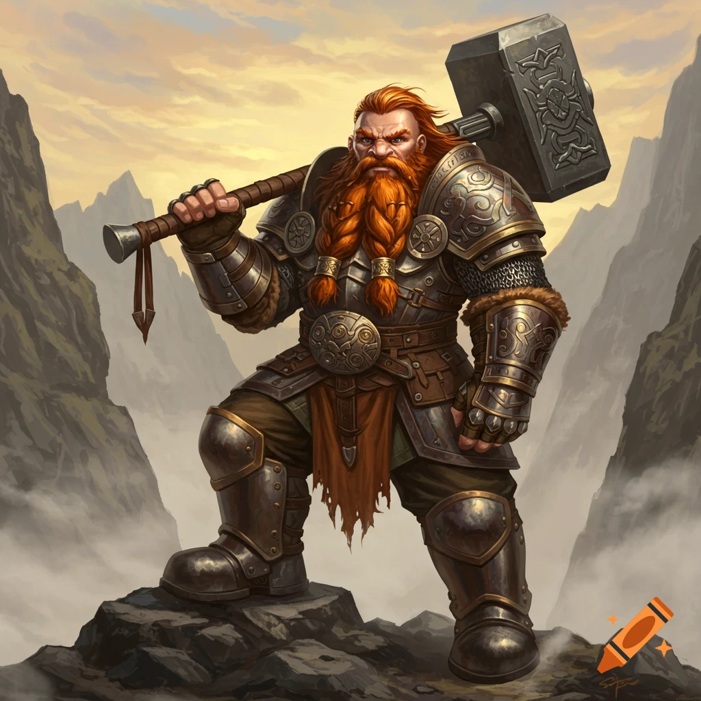 A red-bearded dwarf warrior in armor stands on a rocky mountain peak, holding a large battle hammer.
