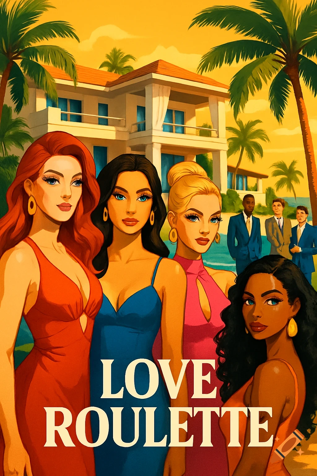 A stylized illustration of four women and several men in front of a tropical beach villa with palm trees, featuring the text 'LOVE ROULETTE'.