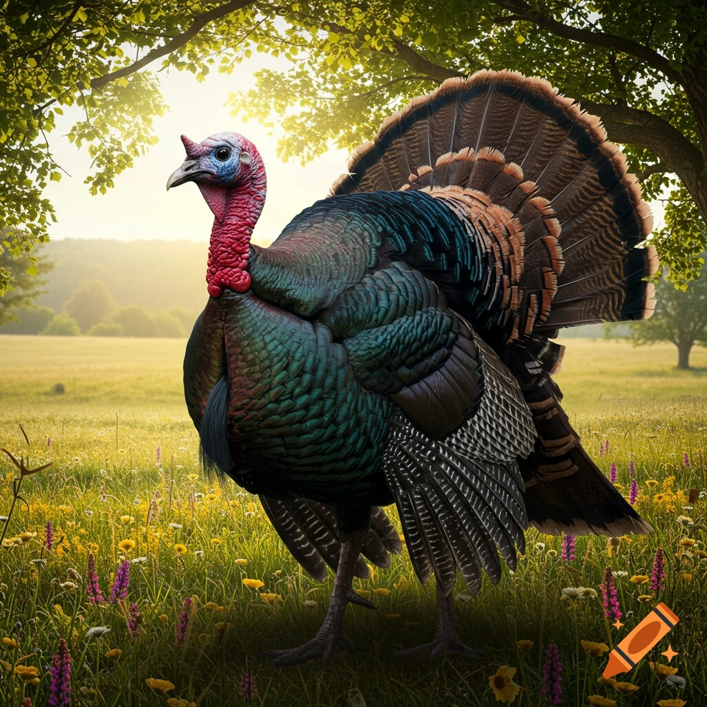 A photorealistic wild turkey stands in a sunny, grassy field filled with wildflowers, with trees in the background.