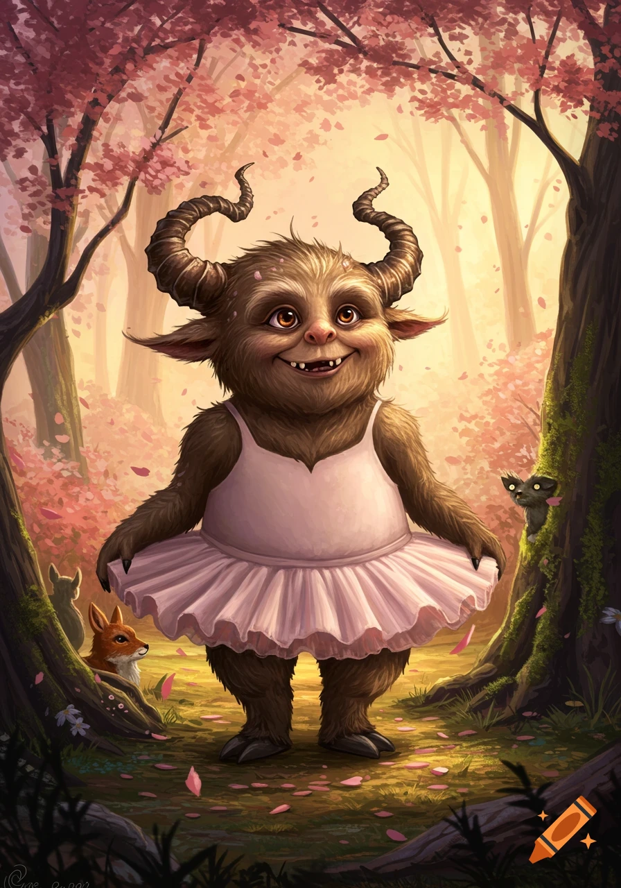 A cute, furry, horned monster in a pink ballet tutu smiles in an enchanted forest.