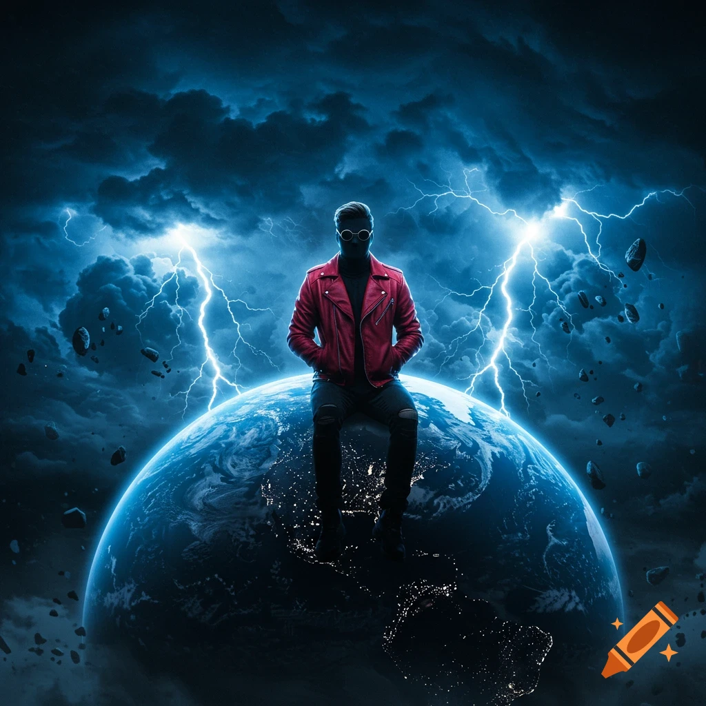 A person in a red leather jacket and black mask sits atop planet Earth amidst a stormy, lightning-filled sky with floating debris.