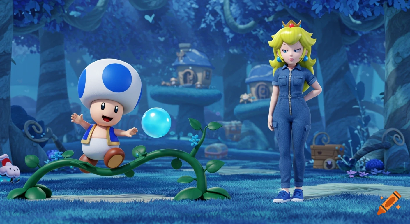 Blue Toad on a vine with a blue pearl, and Princess Peach in a denim jumpsuit looking bored in a blue forest.
