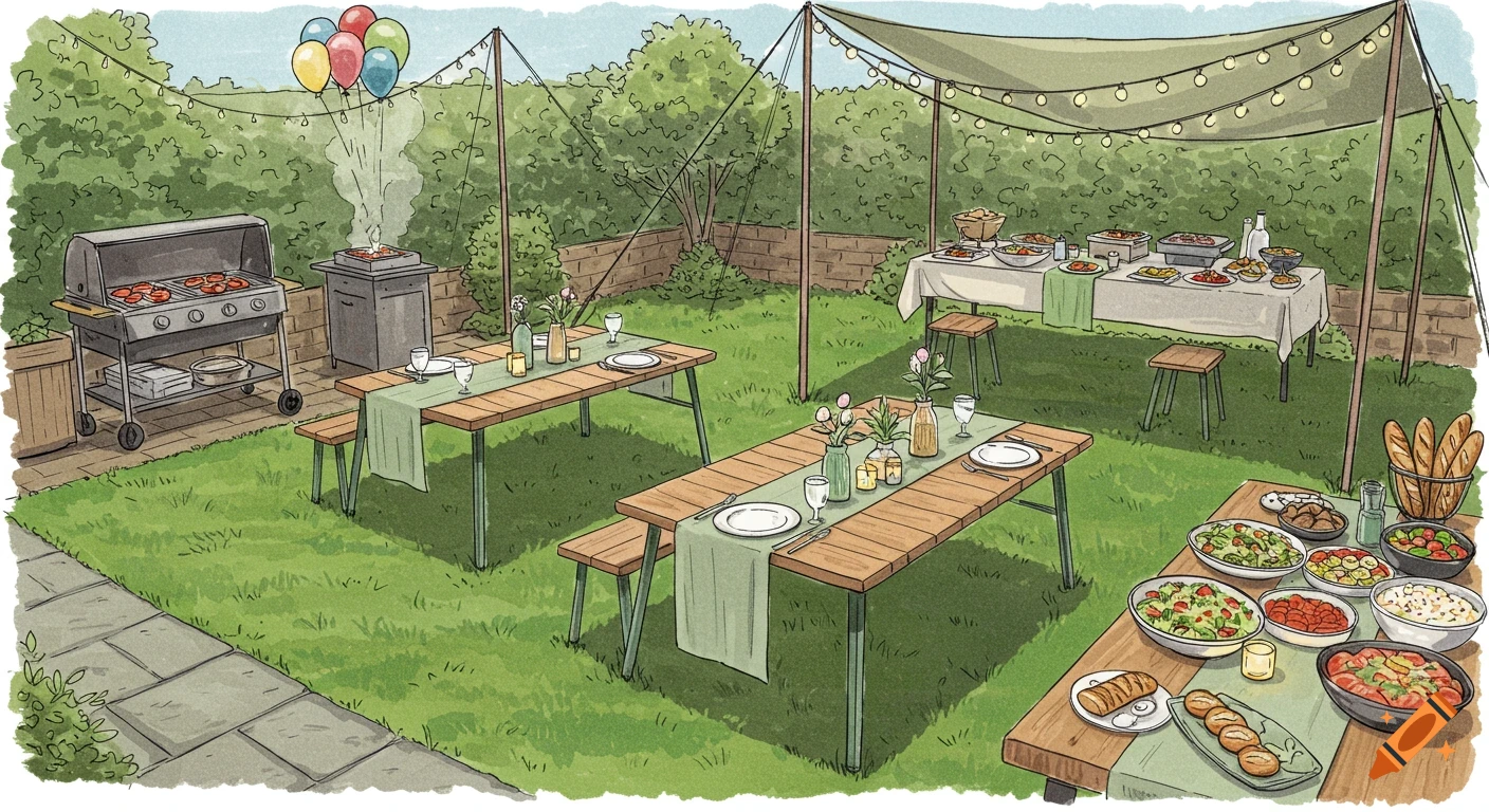 An illustrated sketch of a garden party setup with a grill, tables, food buffet, string lights, and balloons on a grassy lawn.