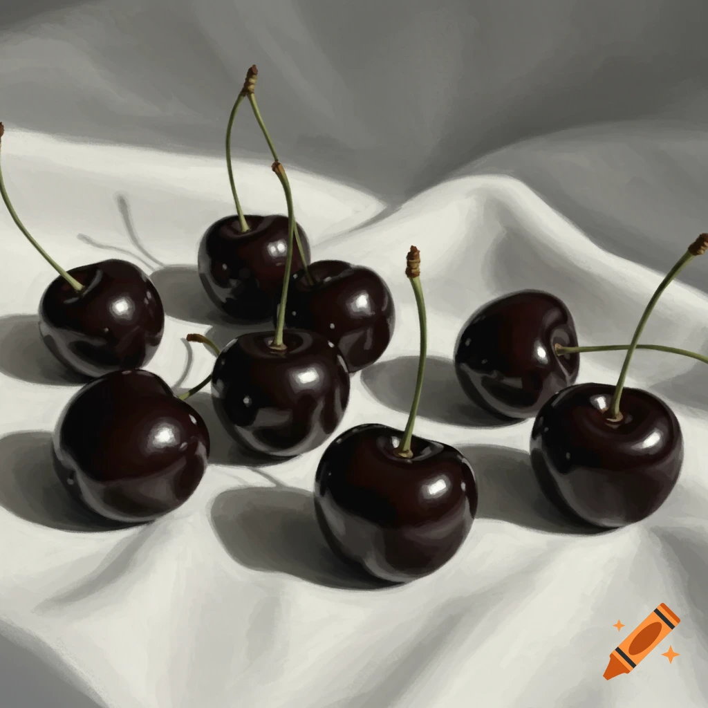 Dark red cherries with green stems scattered on a wrinkled white cloth in a photorealistic still life.