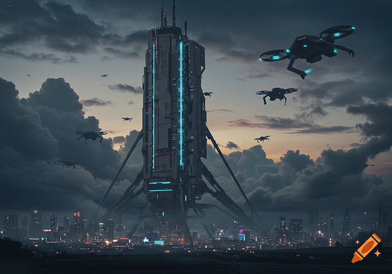 A tall, futuristic sci-fi tower with glowing blue lights stands over a dystopian city skyline, with drones flying in the cloudy sky.