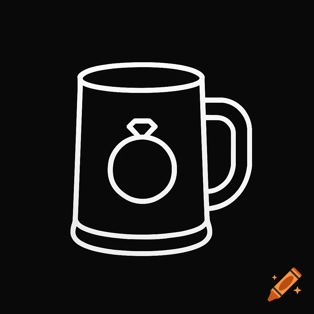 A simple white outline icon of a tavern mug with a diamond engagement ring on it, against a black background.