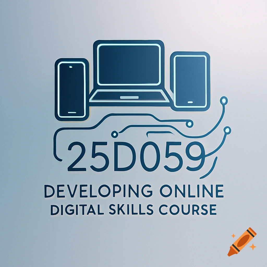 Logo with laptop, smartphone, tablet, and circuit lines above text: '25D059 DEVELOPING ONLINE DIGITAL SKILLS COURSE'.