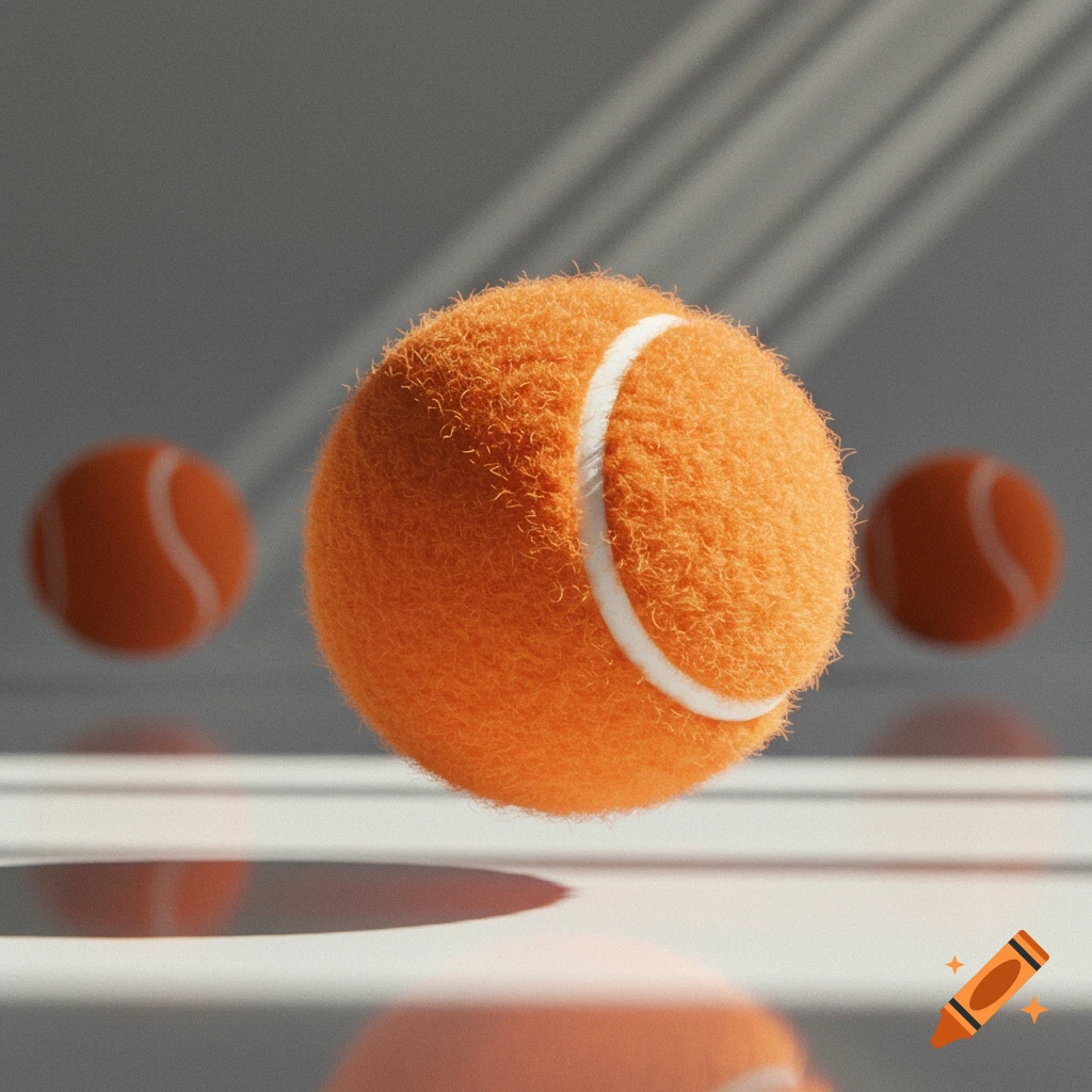 A bright orange tennis ball floats in the foreground, with two blurred orange tennis balls in the background against a white and gray setting.