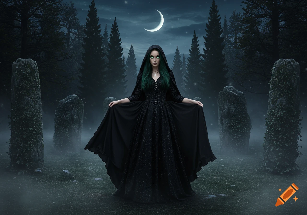 A witch with green hair and glowing eyes in a black hooded dress stands in a misty forest at night with a crescent moon and stone pillars.