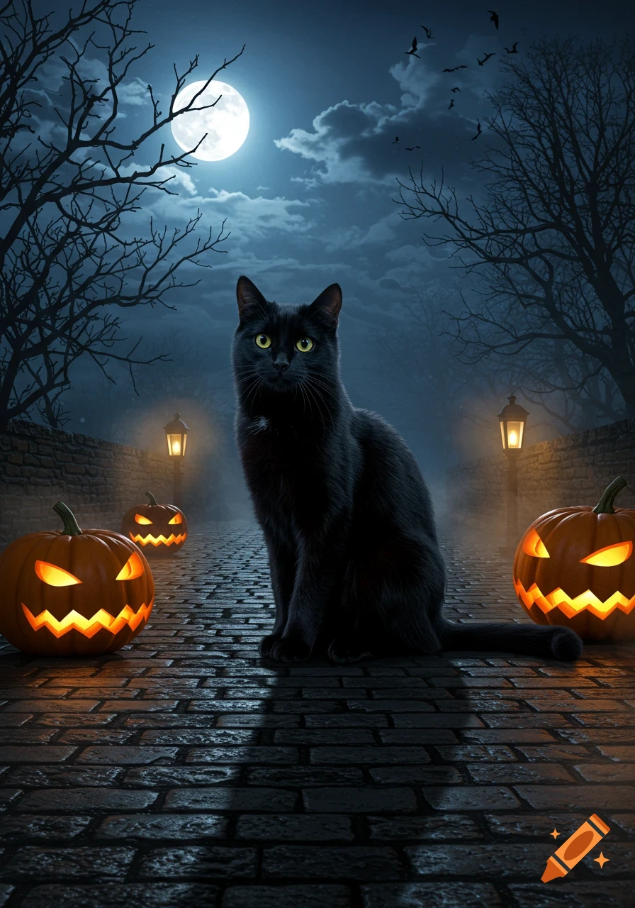 A black cat sits on a cobblestone path between glowing jack-o'-lanterns under a full moon and bare trees on Halloween night.