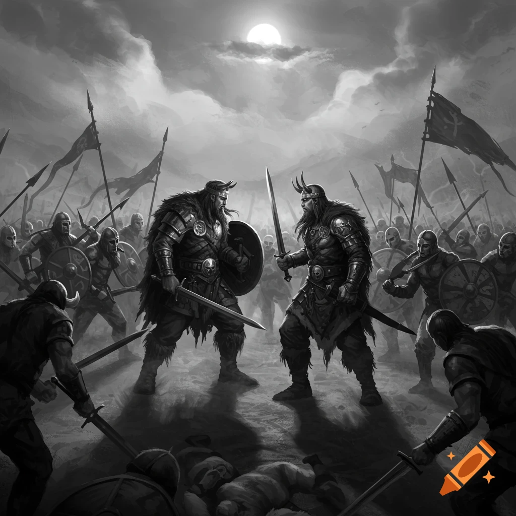 Black and white fantasy illustration of two barbarian leaders in horned helmets standing sword-to-sword amidst a battlefield of warriors.