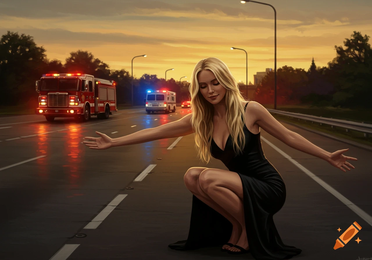 Blonde woman in black dress crouching on a highway with arms out, emergency vehicles in background at sunset, digital art.