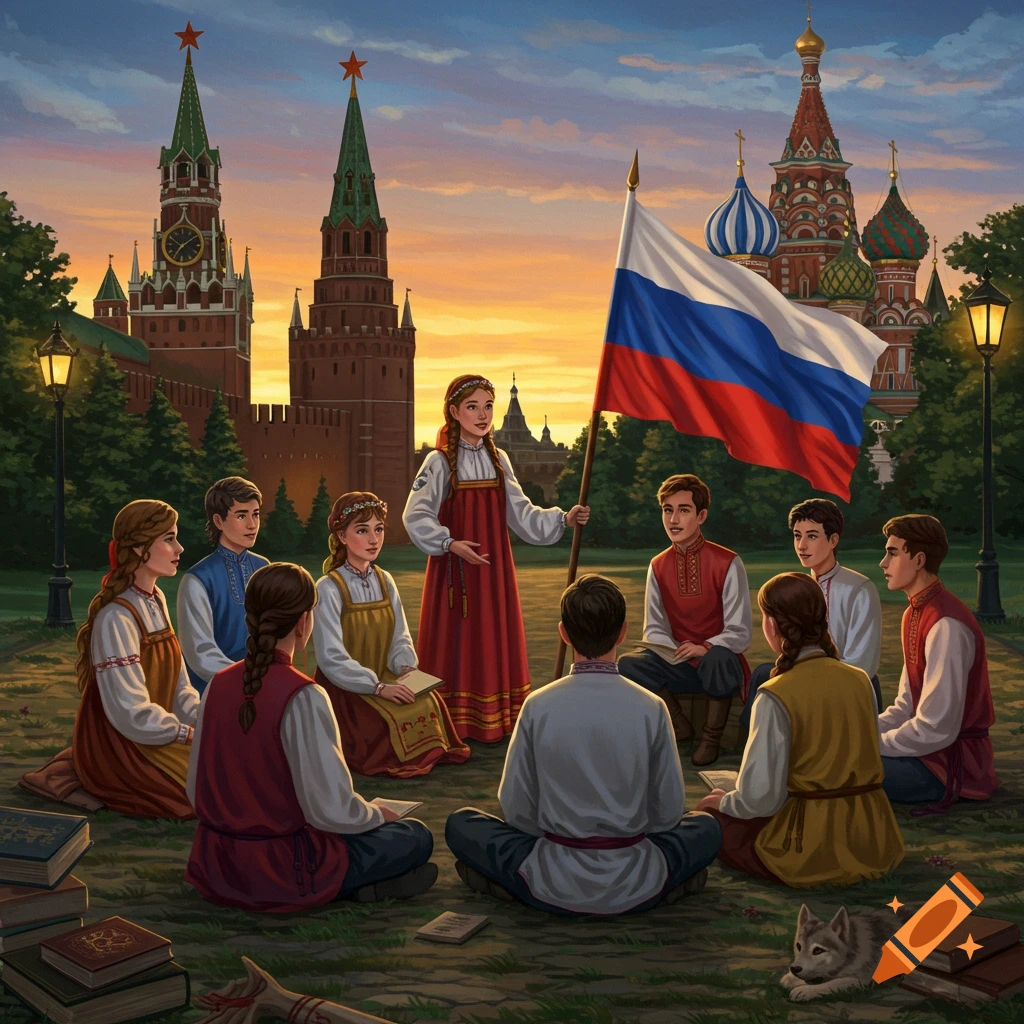 Digital painting of young people in traditional Russian clothes, gathered in a circle in front of Russian architecture, with one girl holding a Russian flag.