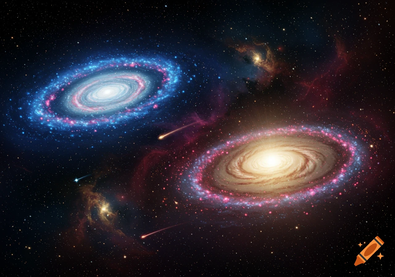 Two vibrant spiral galaxies, one blue and one orange-red, glow amidst a dark, star-filled cosmic background with nebulae and shooting stars.