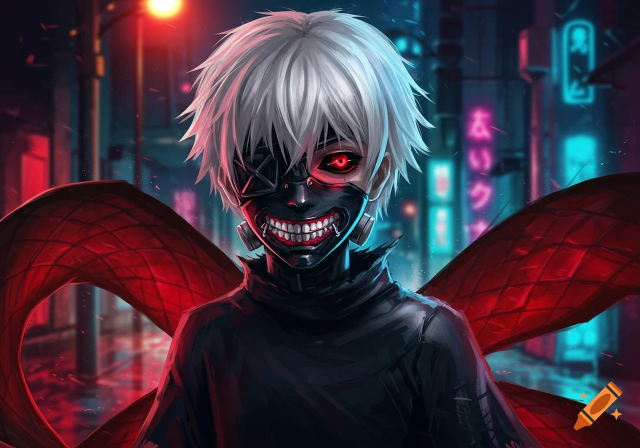 White-haired anime character in a black ghoul mask with red eyes and sharp teeth, red kagune in a neon city.