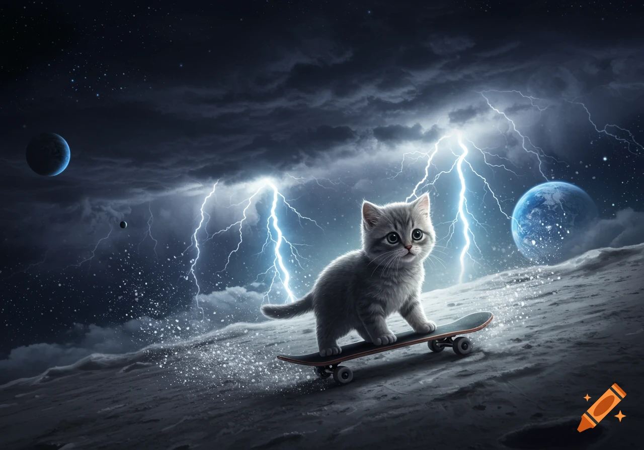 A cute grey kitten on a skateboard glides across a cratered moon surface, under a stormy sky with bright lightning and distant planets.