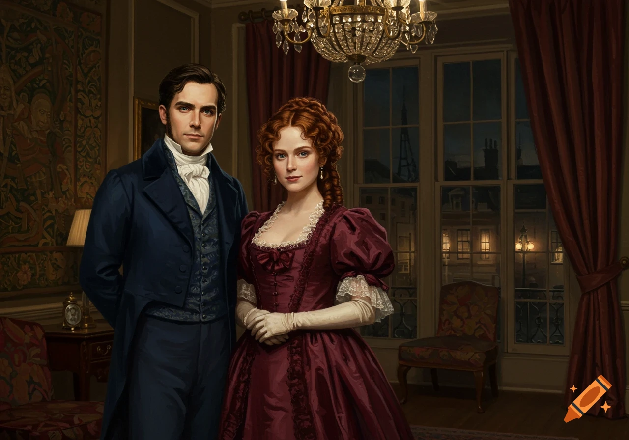 An oil painting of a formally dressed Victorian couple in a grand room overlooking a city at night.