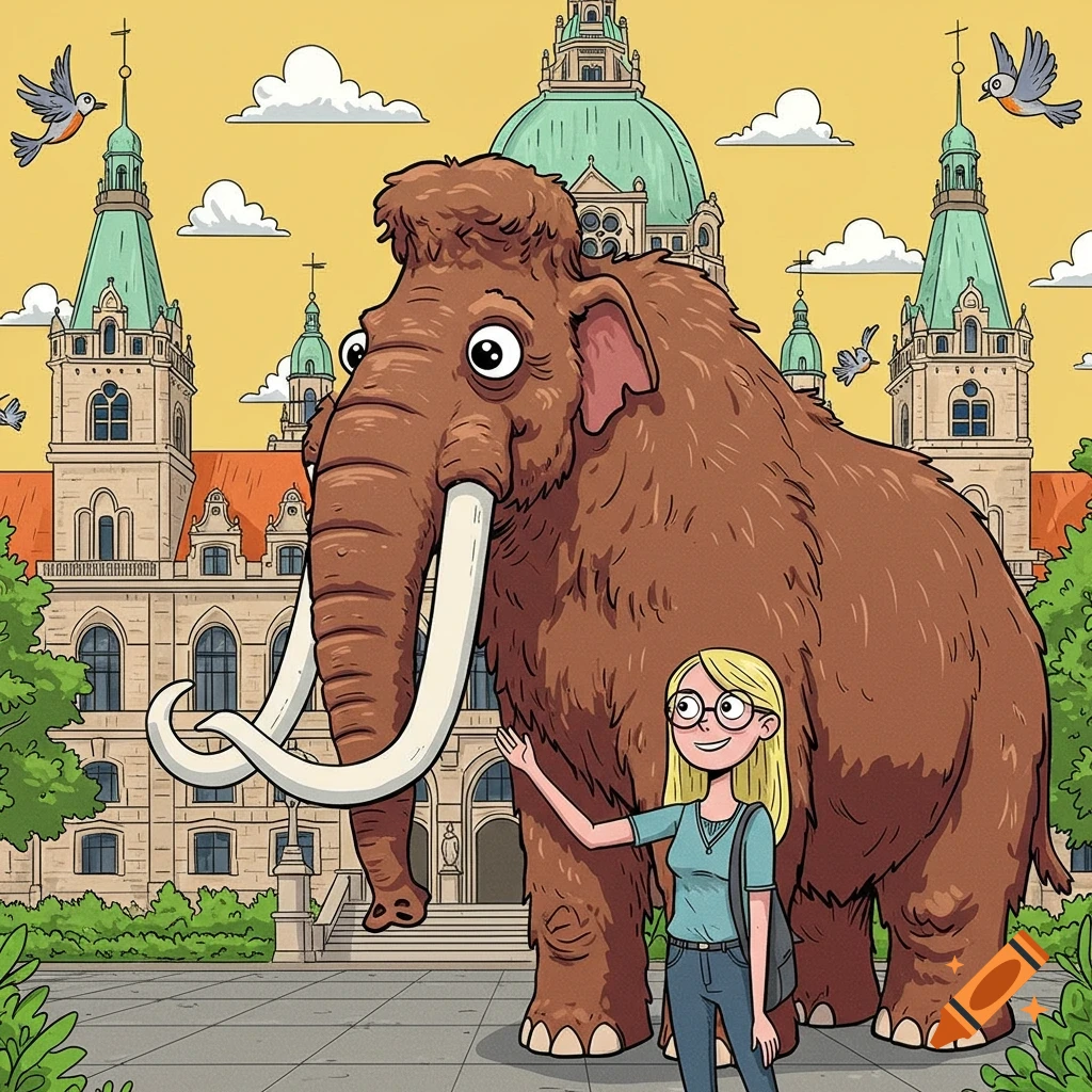Cartoon illustration of a blonde woman with glasses next to a giant mammoth in front of a grand city hall building.