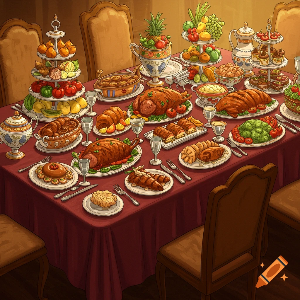 A lavishly set dining table overflowing with roasted meats, fruits, pastries, and various dishes, depicted in a detailed, illustrative style.
