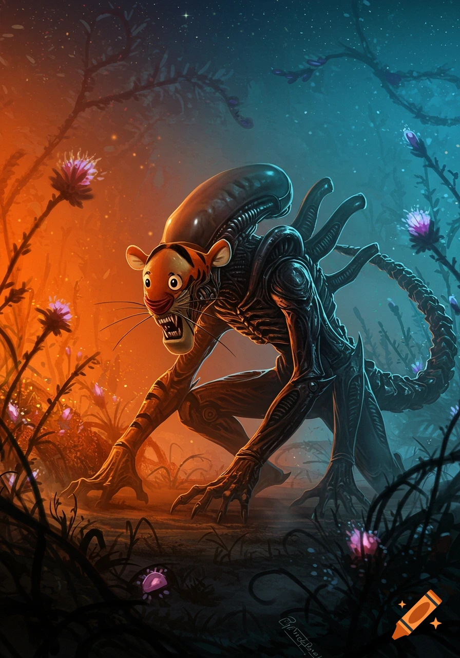 An illustrated Tigger-Xenomorph hybrid crouches menacingly in a dark, glowing alien jungle with purple thistles.