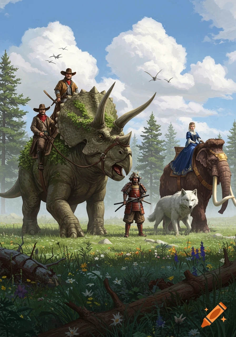 Two cowboys on a triceratops, a samurai, a princess on a woolly mammoth, and a white wolf in a vibrant fantasy landscape.