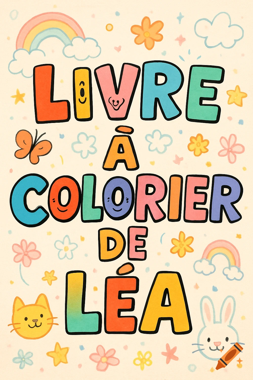 A colorful cartoon title in French, 'LIVRE COLORIER DE L ', surrounded by cute illustrations of rainbows, clouds, flowers, a cat, and a bunny.