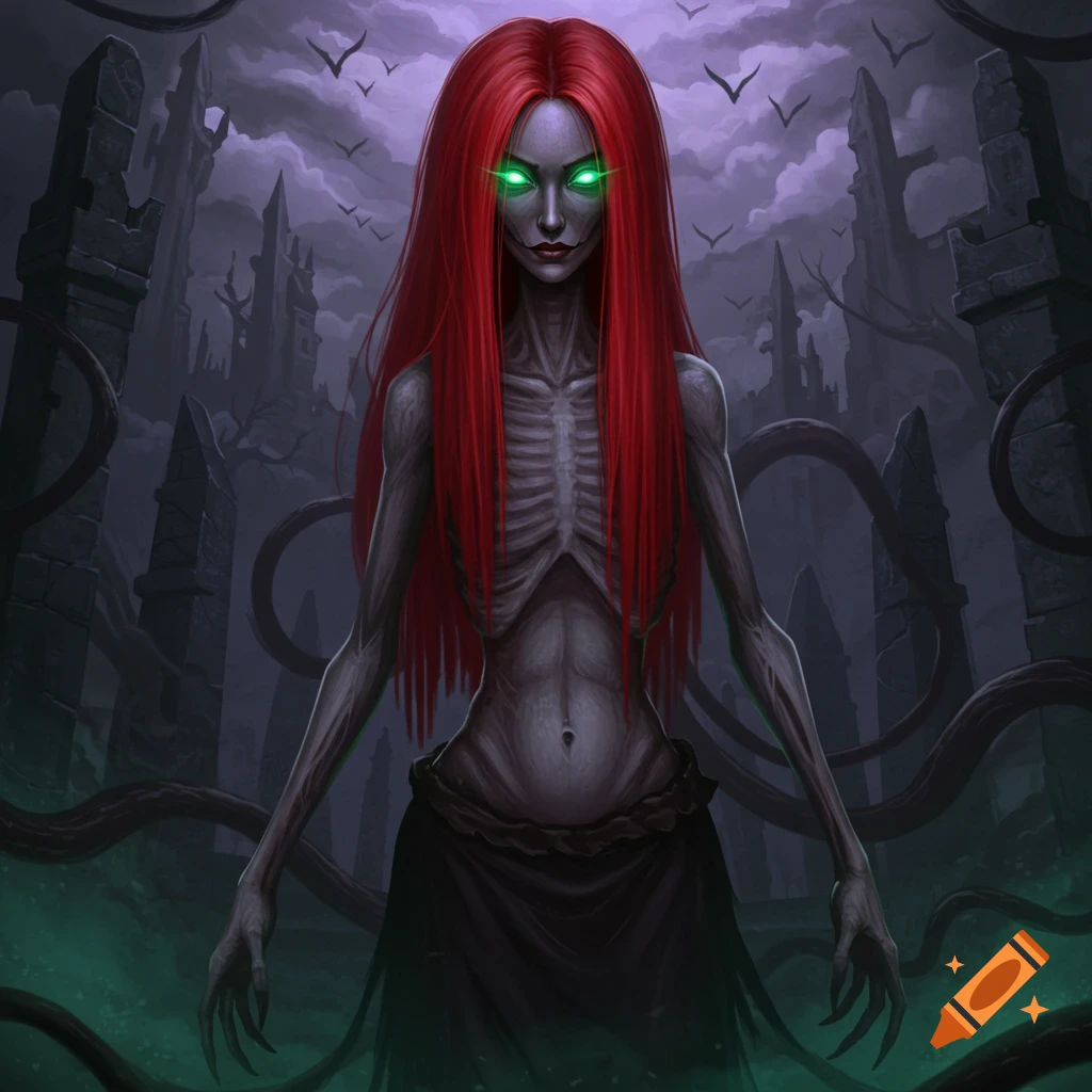 A very skinny woman with long red hair and glowing green eyes stands in a dark, ruined, gothic landscape, digital art.