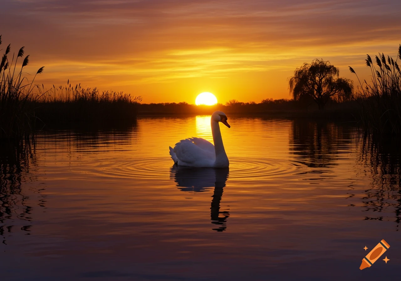 A white swan swims in a lake with the bright orange sunset reflecting on the water, surrounded by reeds and a distant tree.