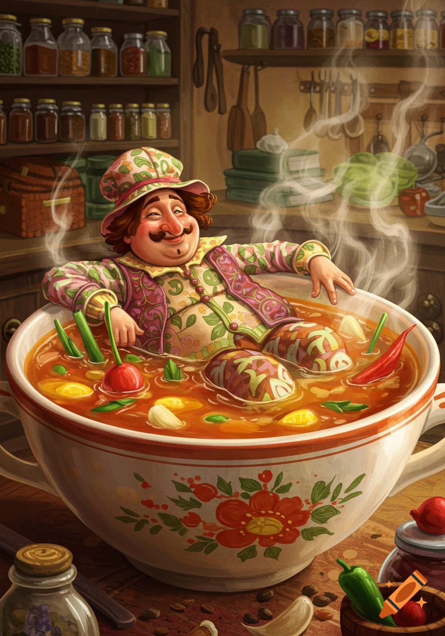 A jovial, rotund man in a patterned suit lounges happily in a giant bowl of steaming soup with vegetables in a rustic kitchen, whimsical illustration.