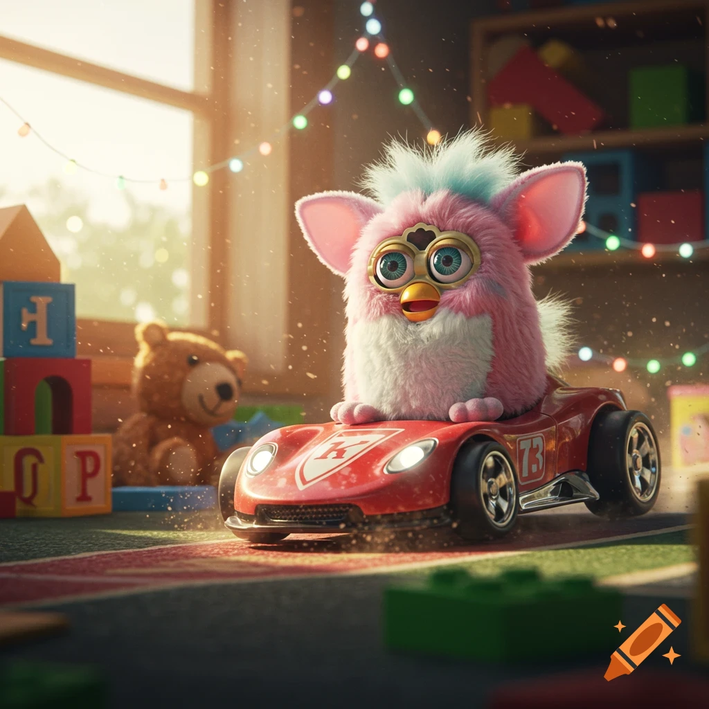 A fluffy pink Furby toy with large eyes sits in a red toy race car on a rug in a sunlit child's room with building blocks.