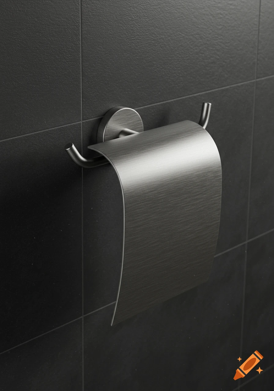 Close-up of a brushed metal toilet paper holder mounted on a dark gray tiled wall, photorealistic style.