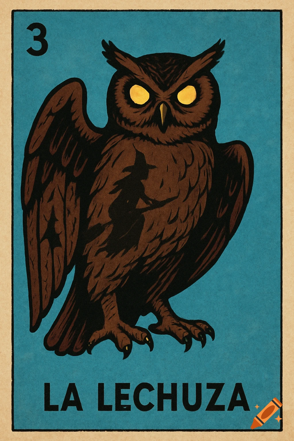 Vintage Mexican Lotería card featuring a brown owl with glowing yellow eyes and a witch silhouette, numbered 3 with 'LA LECHUZA'.