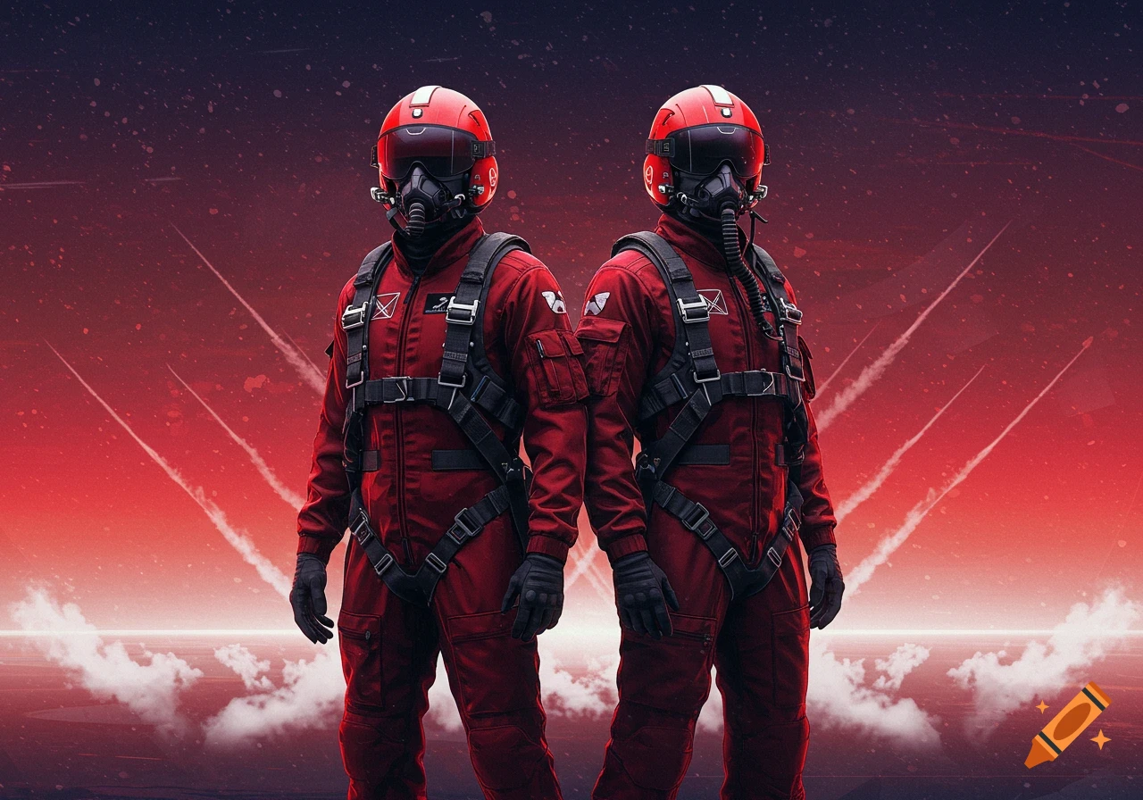 Two figures in red futuristic flight suits and helmets stand against a dramatic red and purple sky with white contrails and scattered clouds.