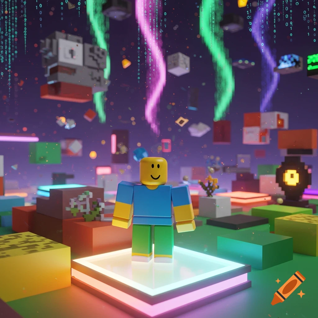 A Roblox 'Noob' character stands on a glowing platform in a colorful, blocky digital world with binary code falling from above.