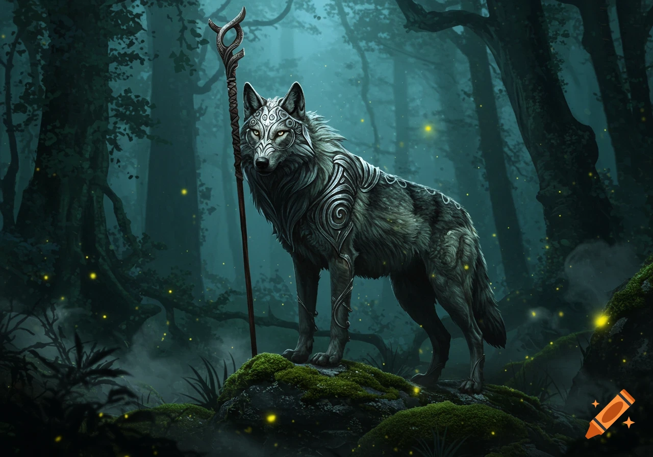 A majestic armored wolf with a staff in a mystical dark forest with glowing elements, fantasy art.
