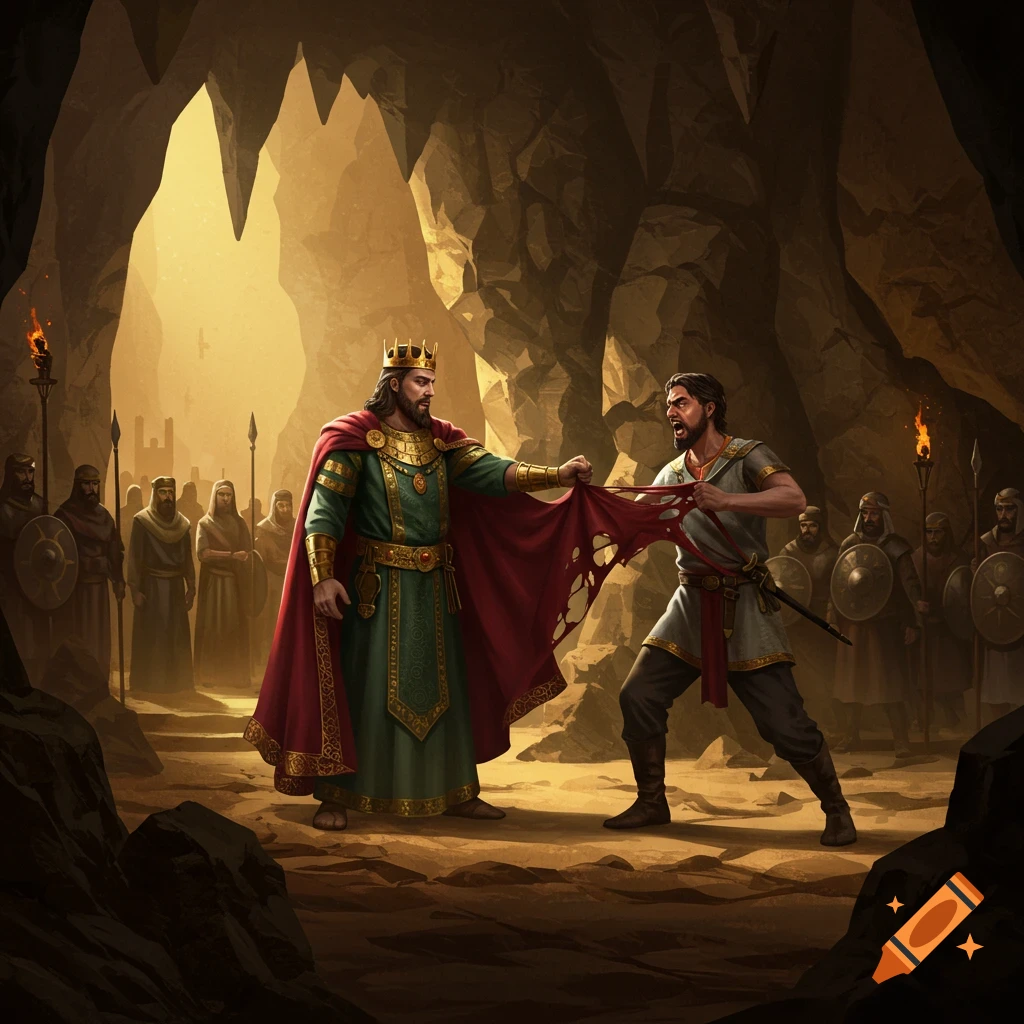 A king in a crown and regal robes stands in a cave while a man tears his red cloak. Guards and a distant city are in the background.