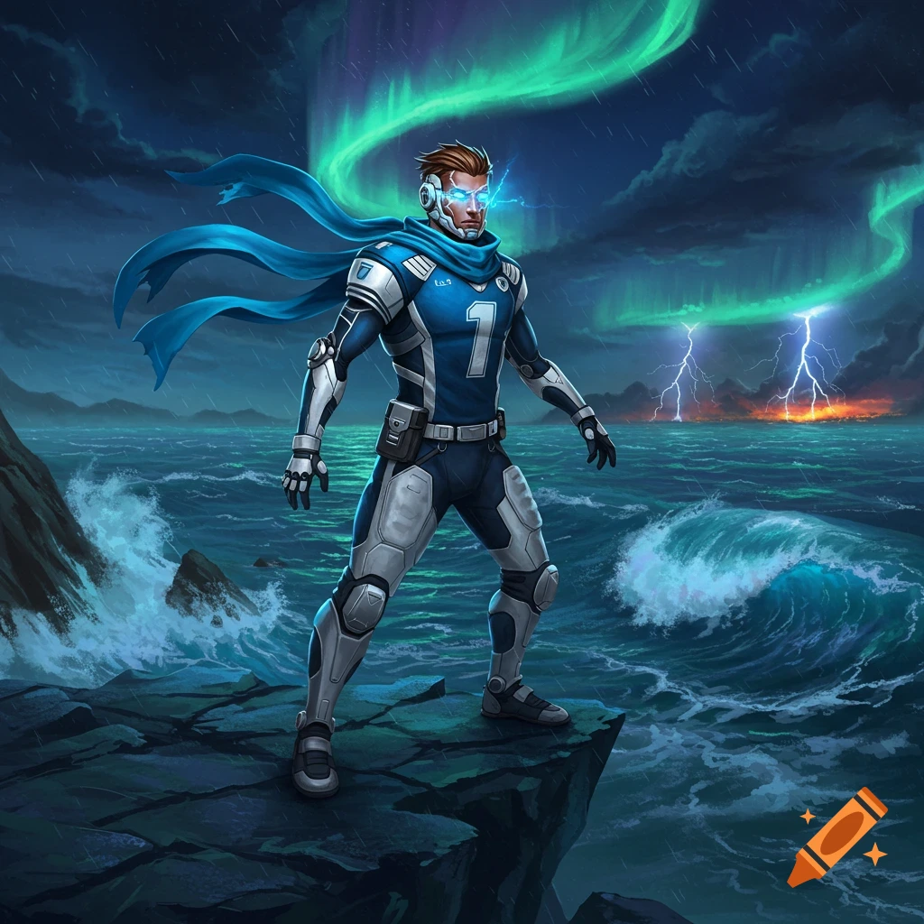 A futuristic superhero in blue armor with glowing eyes stands on a cliff overlooking a stormy sea with aurora borealis and lightning.