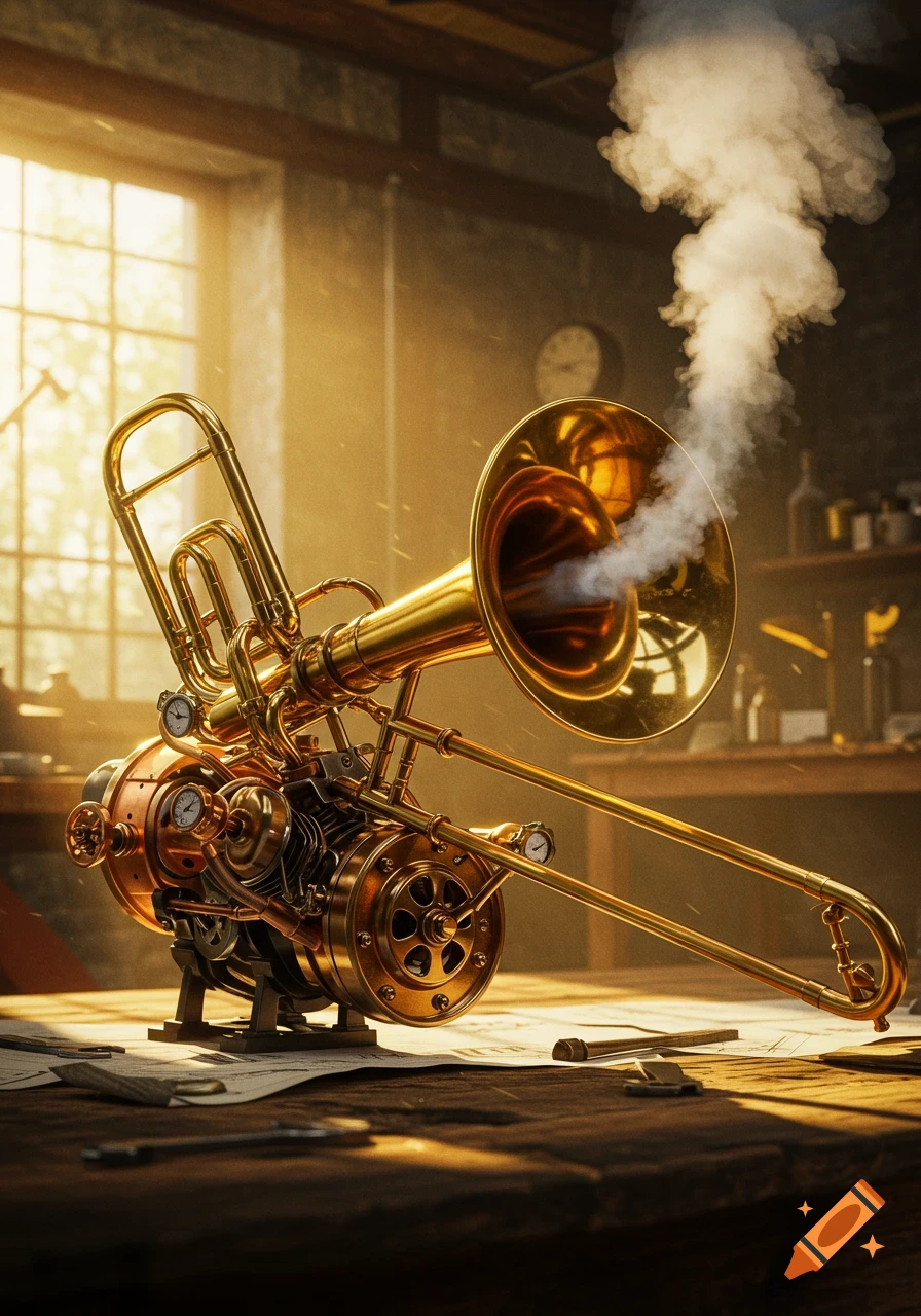 A golden steampunk trombone with a visible gas-powered engine emits smoke in a sunlit workshop.