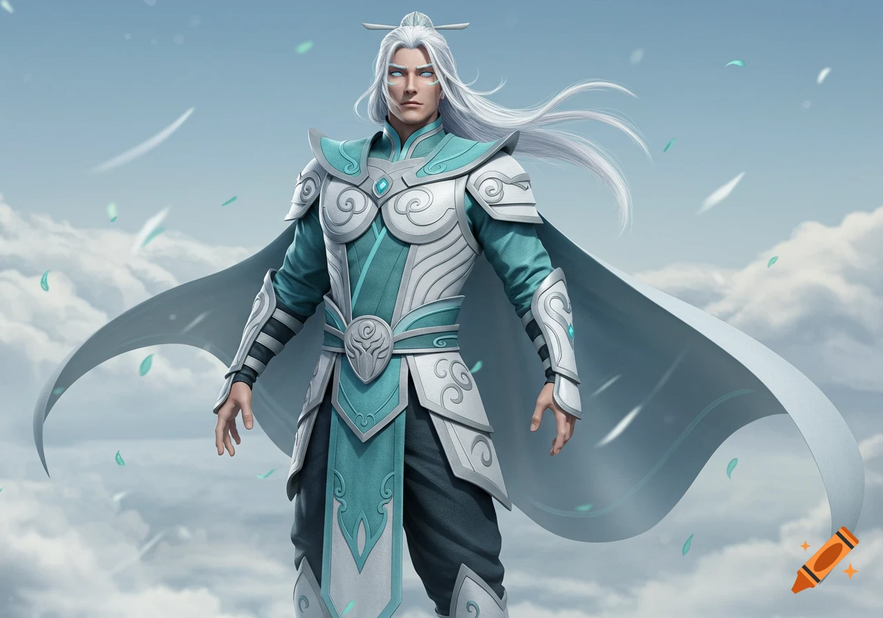 A powerful male warrior with long white hair, light blue eyes, and intricate teal and white fantasy armor stands against a cloudy sky with swirling green ethereal feathers.