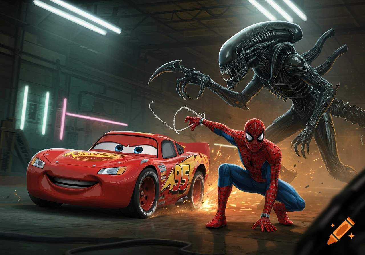 Lightning McQueen and Spider-Man face off against a menacing Xenomorph in a dark industrial garage.