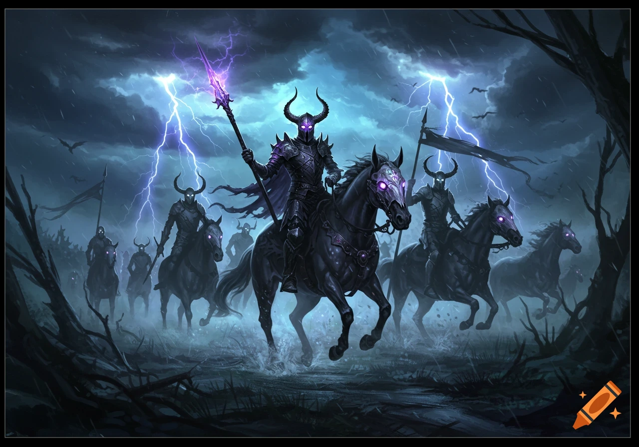 A group of dark armored knights with glowing purple eyes ride horses through a stormy, misty forest with lightning.