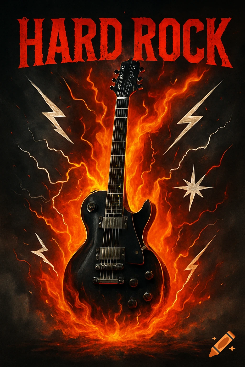 A black electric guitar engulfed in orange flames against a dark background, with 'HARD ROCK' text and lightning bolts.