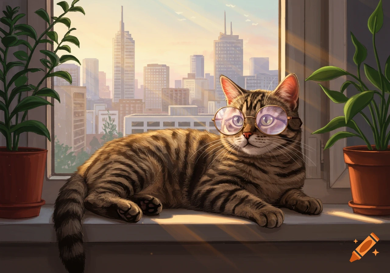 A cute tabby cat wearing round glasses lies on a windowsill between two potted plants, overlooking a sunlit city skyline.