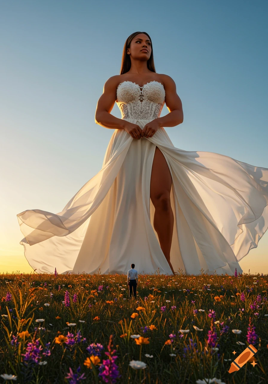 A colossal, muscular woman in a white wedding dress stands in a vibrant field at sunset, looking down at a tiny man.