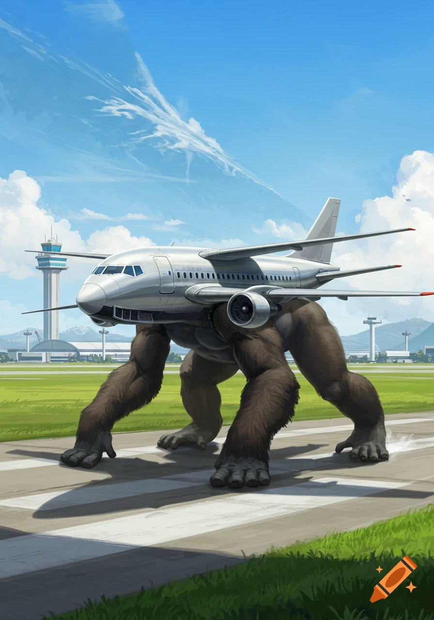 An airplane with gorilla legs runs on an airport runway under a blue sky, with a control tower in the background.