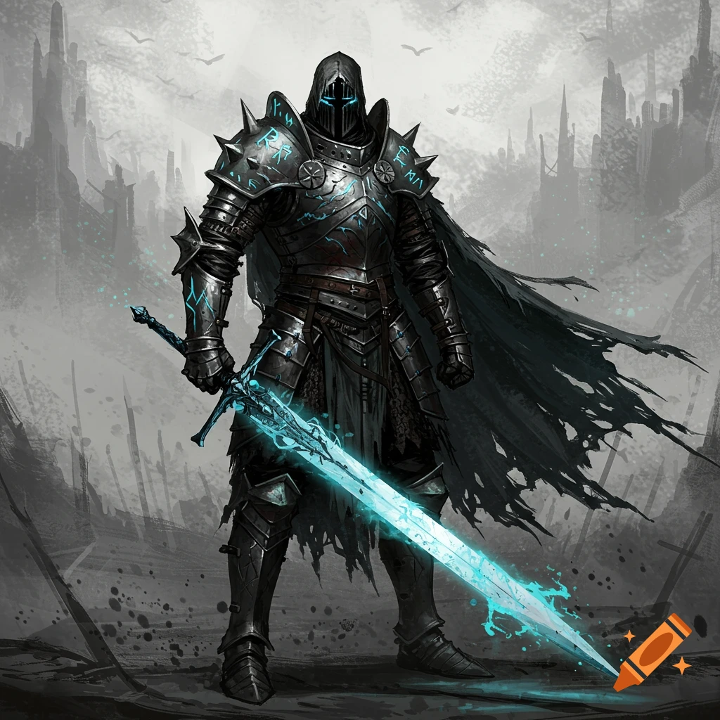 A dark knight in ornate black armor with glowing blue runes and a tattered cape holds a radiant blue sword against a ruined, desolate background.