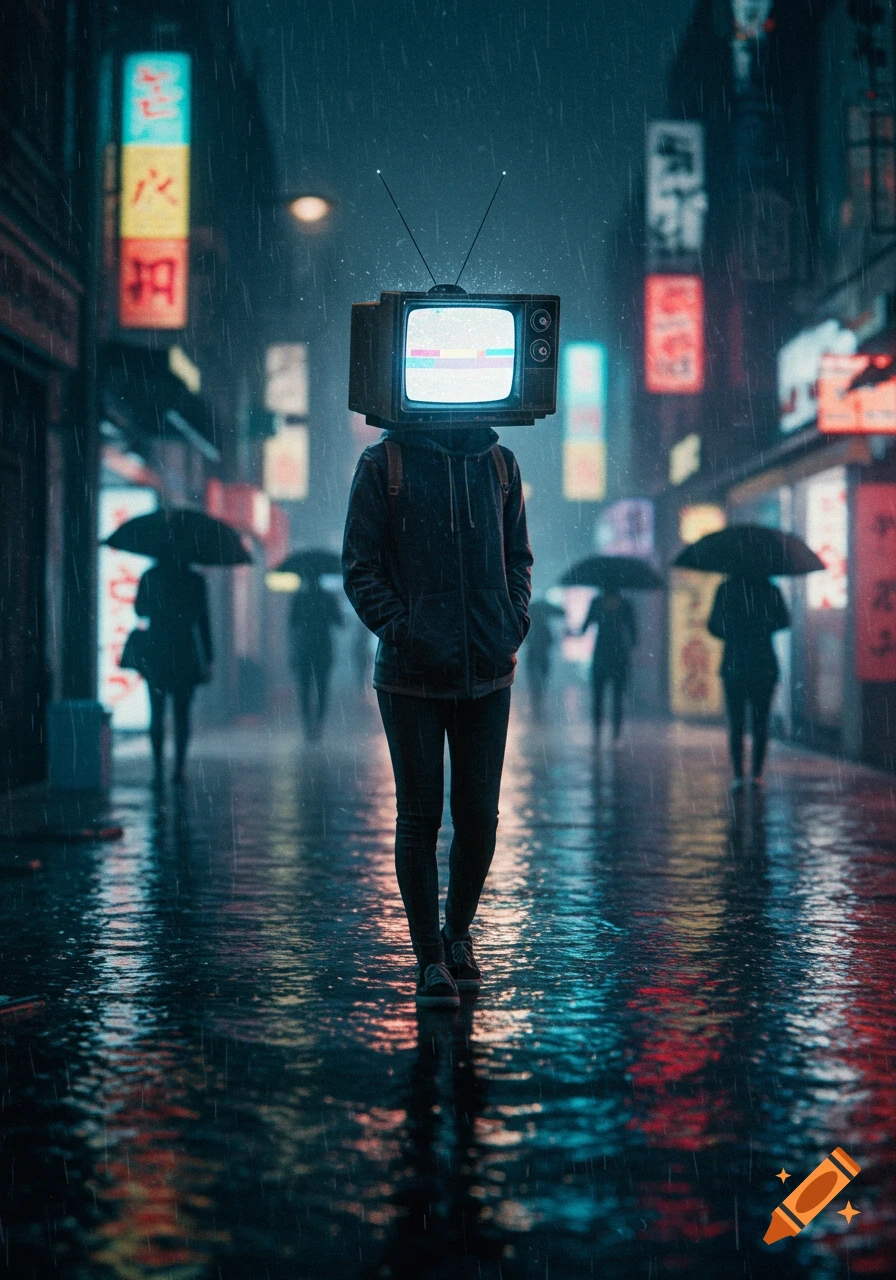 A person with a retro TV for a head walks down a neon-lit, rainy cyberpunk city street at night.