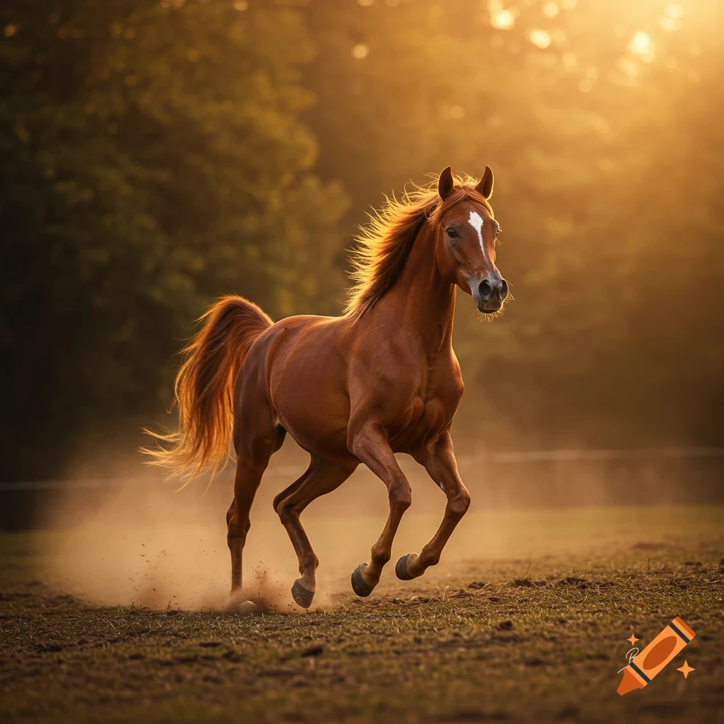 A photorealistic brown horse with a white blaze gallops through a dusty field at sunset, backlit by golden light.