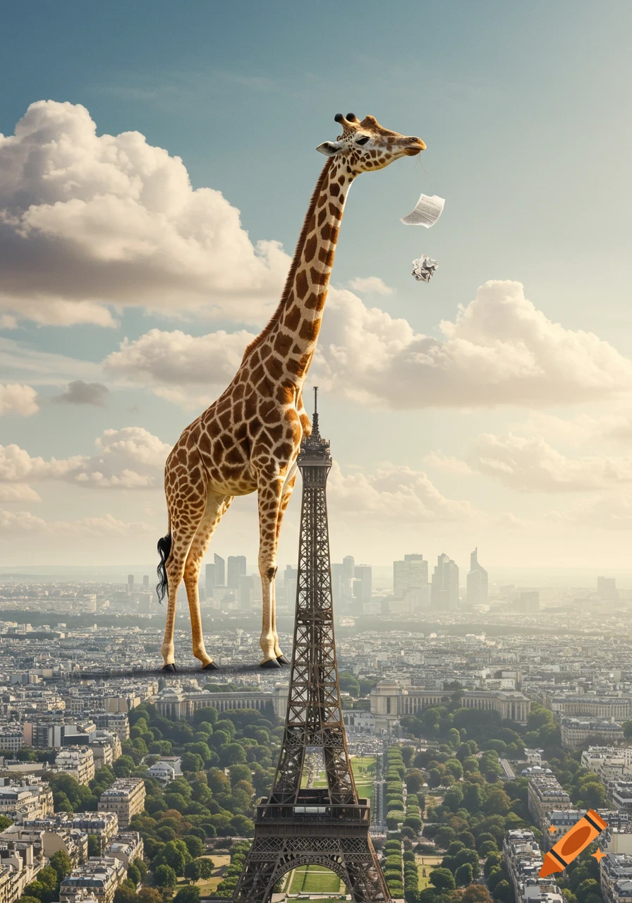A giant giraffe balances on top of the Eiffel Tower, juggling paper above a photorealistic Paris cityscape under a cloudy sky.